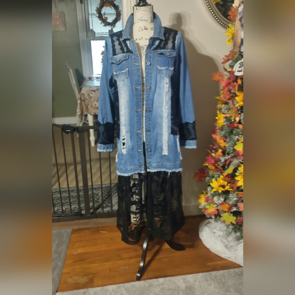 Redneck Princess Long Denim Jacket with Black Lace Accents,S/M